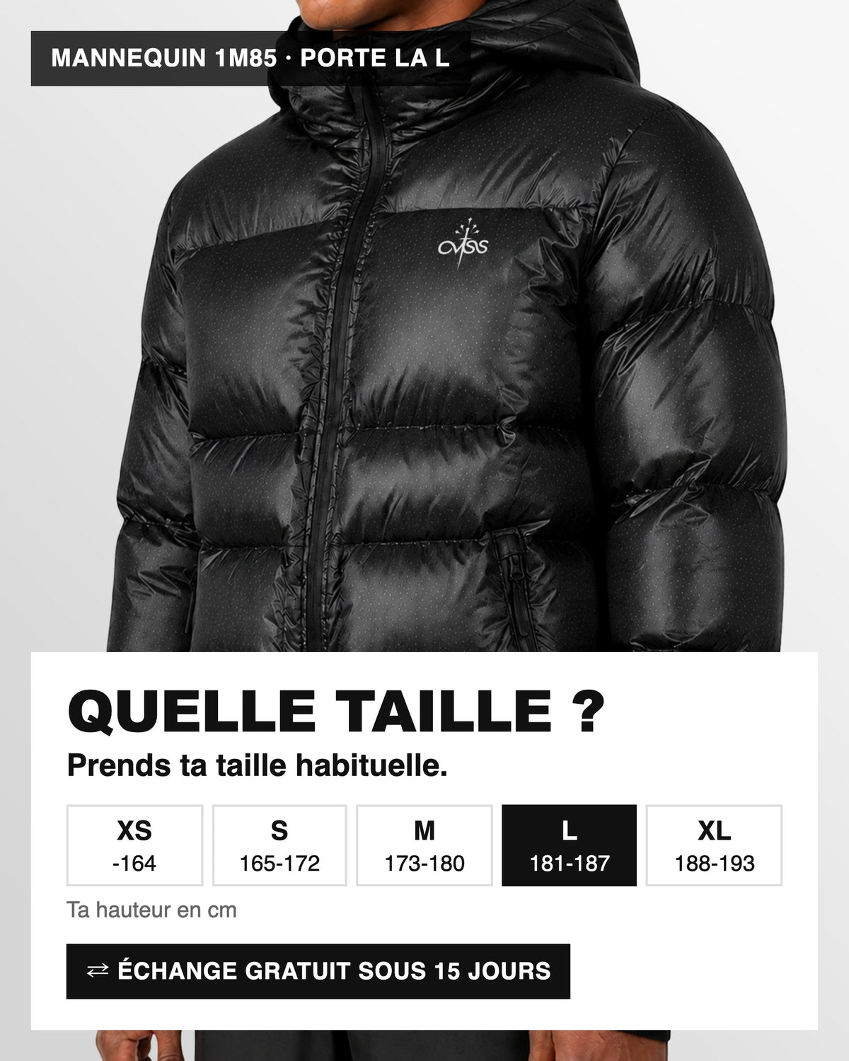 Doudoune Noir Ski OVSS : guide des tailles, mannequin 1m85 en taille L