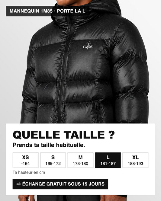 Doudoune Noir Ski OVSS : guide des tailles, mannequin 1m85 en taille L